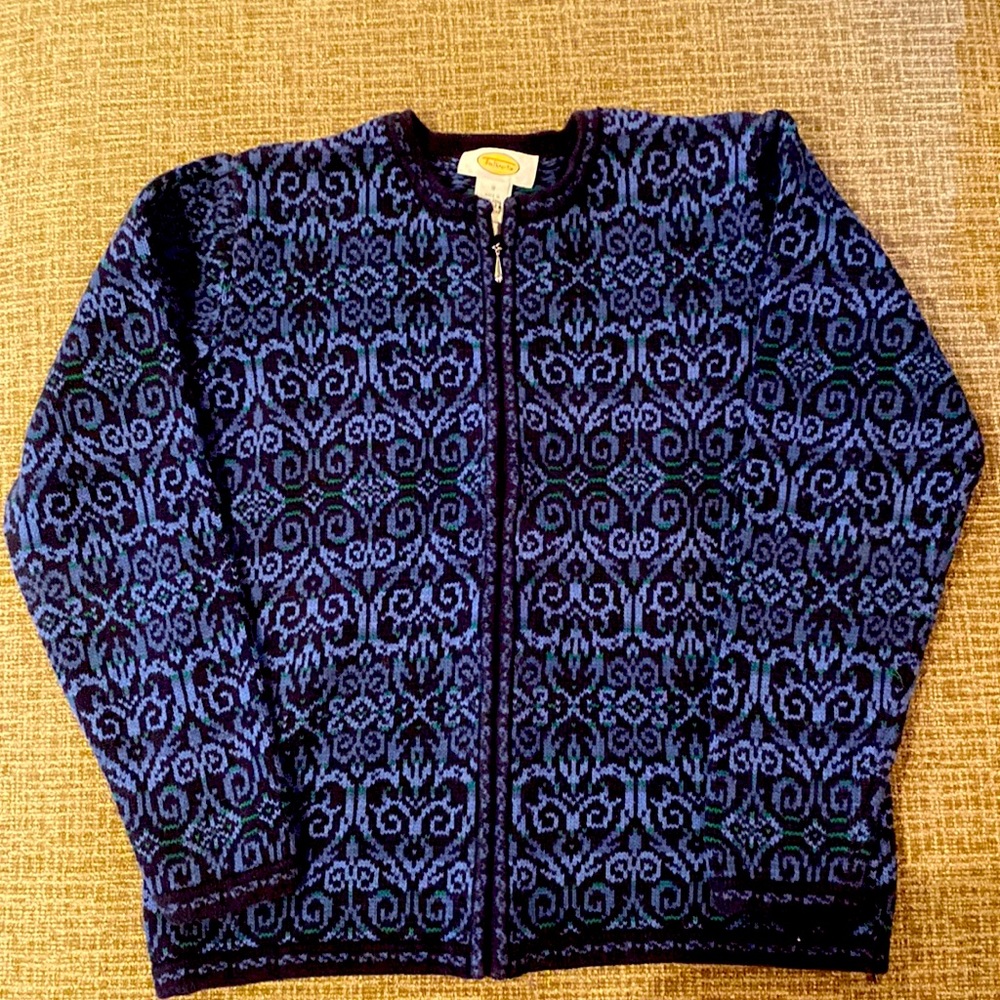 Talbots Heart Print Full Zip Blue Cardigan, Size S